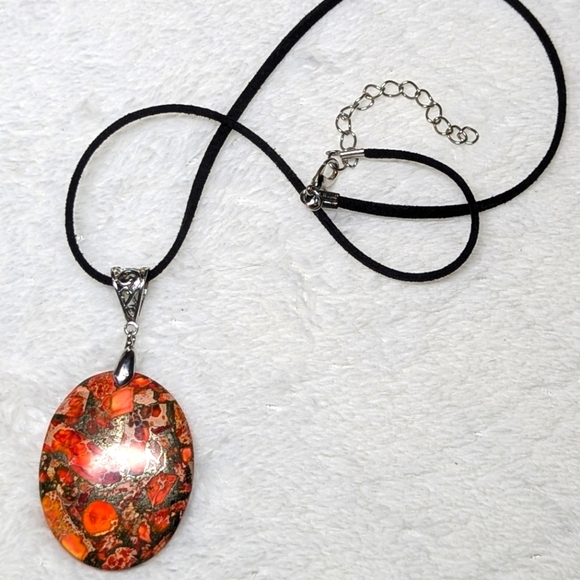 Lovely Large Oval Painted Jasper Necklace/Pendant on Black Adustable Cord - Picture 4 of 10